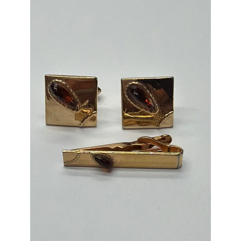 Swank Vintage‎ Mens Gold Tone Cufflinks and Tie Clip Set Red Stone MCM Square